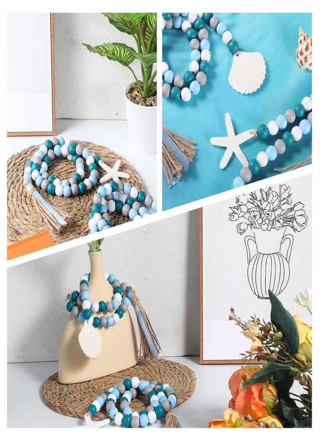 Zelphvt 2 PCS Farmhouse Seashell Bead Garland with Tassels Coastal Tiered Tray Decorations Set Wood Decorative Bead Garland Nautical Boho Home Decor for Kitchen and Living Room - Image 5